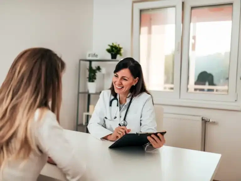 Doctor talking with a patient across a desk in a bright consulting room