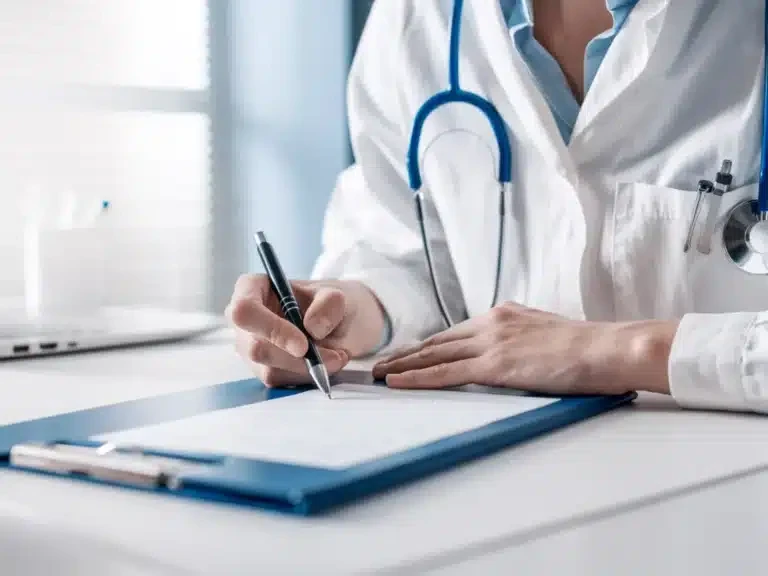 Doctor writing on a medical form at a desk beside a stethoscope